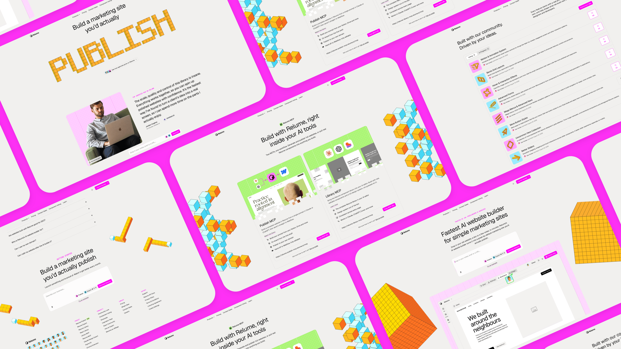 Collage of tilted Relume website screenshots on neon-magenta bands with colorful geometric illustrations.